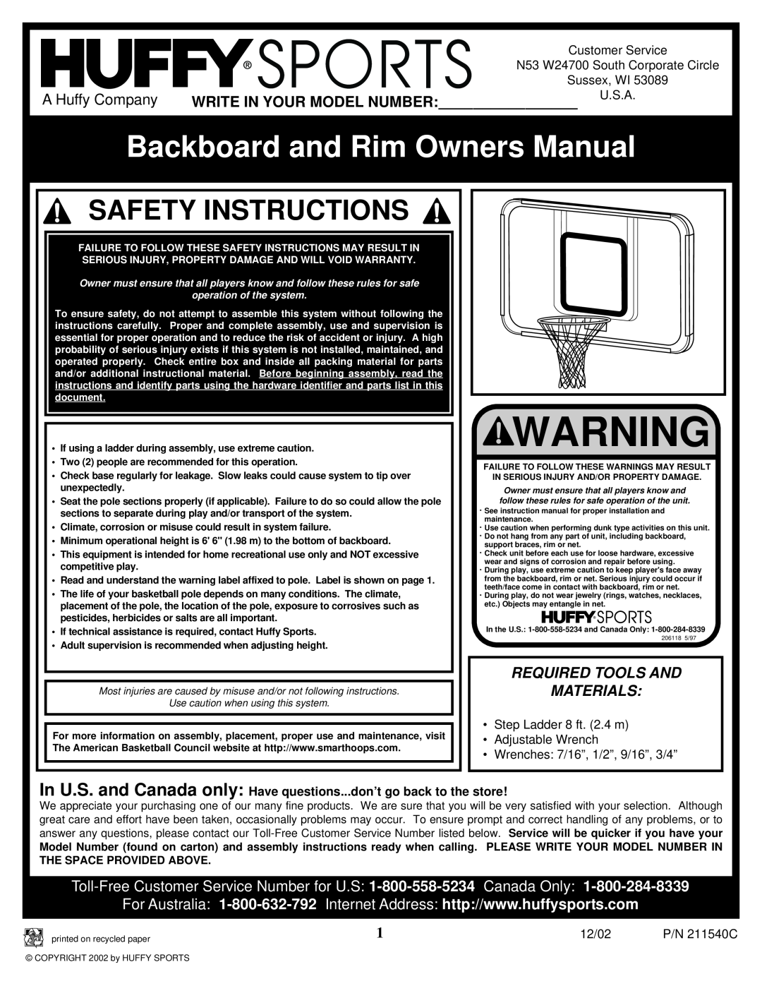 Spalding 211540C manual Backboard and Rim Owners Manual, A Huffy Company, Write In Your Model Number, Safety Instructions 