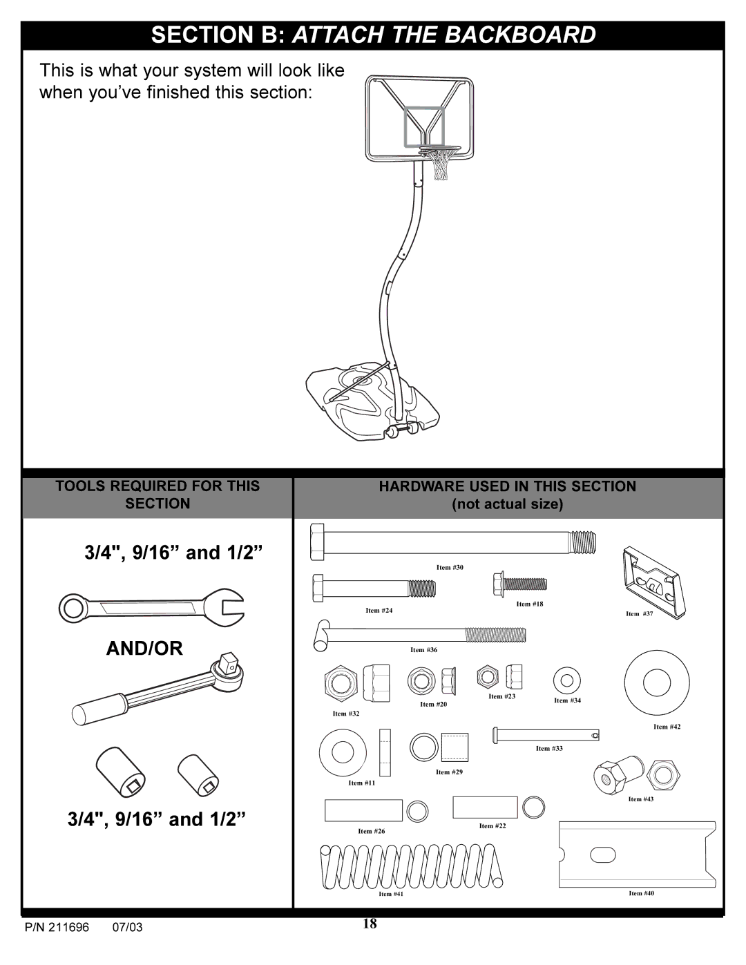 Spalding 211696 manual Section B Attach the Backboard 