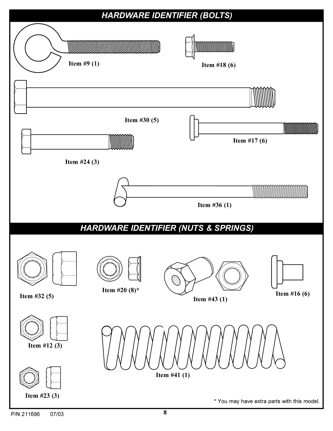 Spalding 211696 manual Hardware Identifier Bolts 