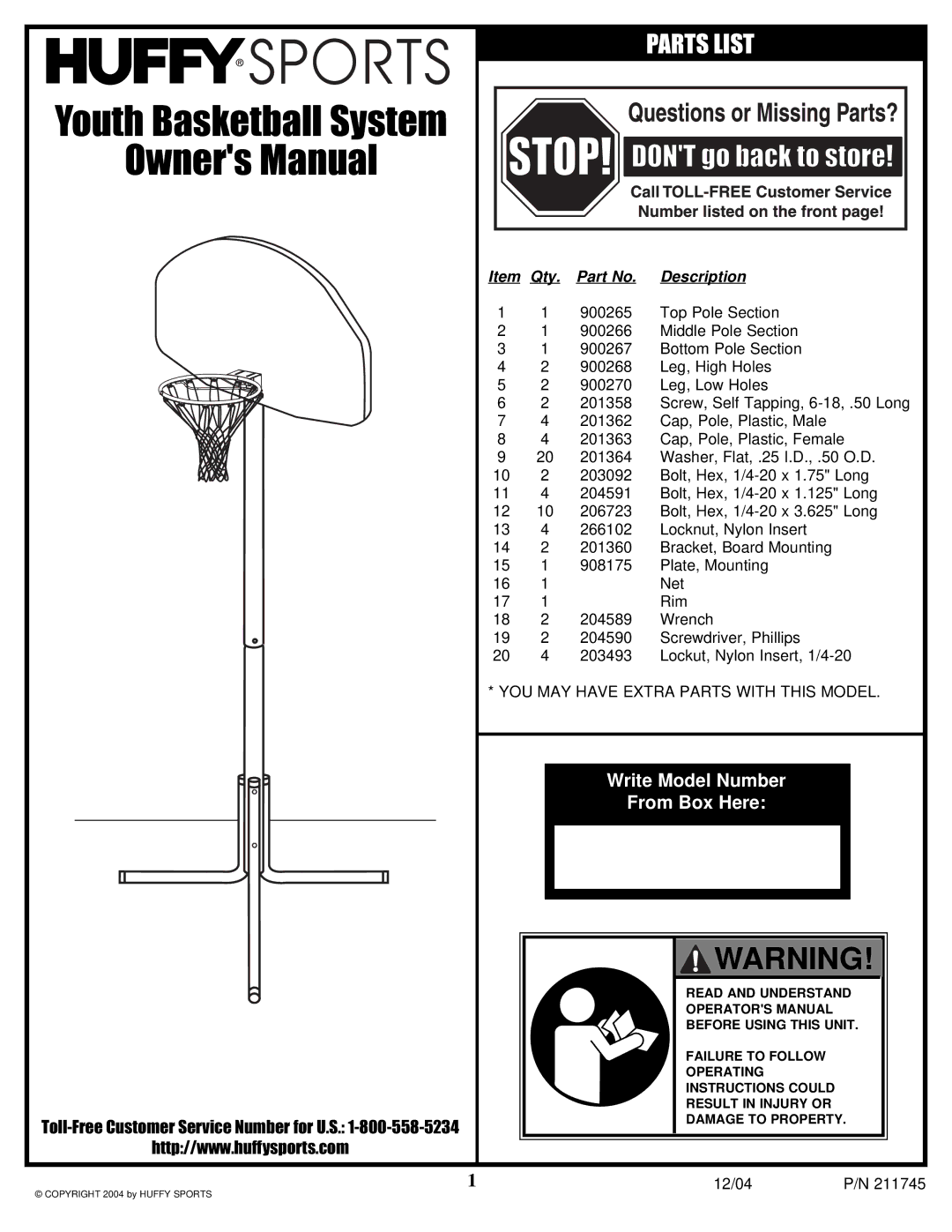 Spalding 211745 manual Youth Basketball System, Write Model Number From Box Here, Qty Description 