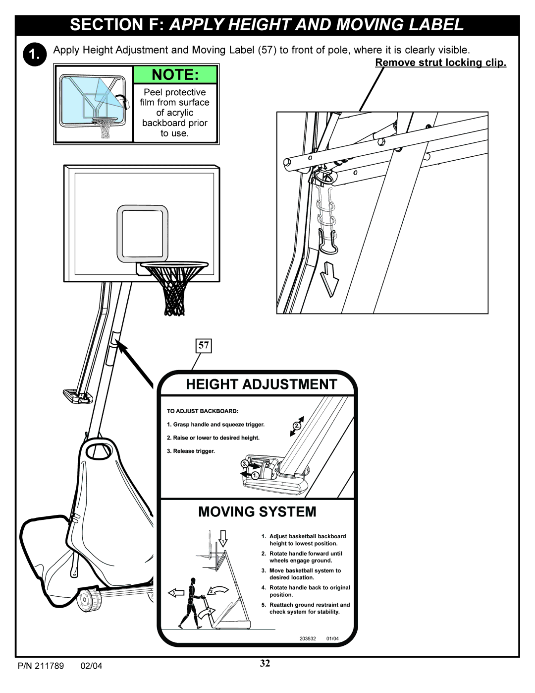 Spalding 211789 manual Section F Apply Height and Moving Label, Height Adjustment Moving System 