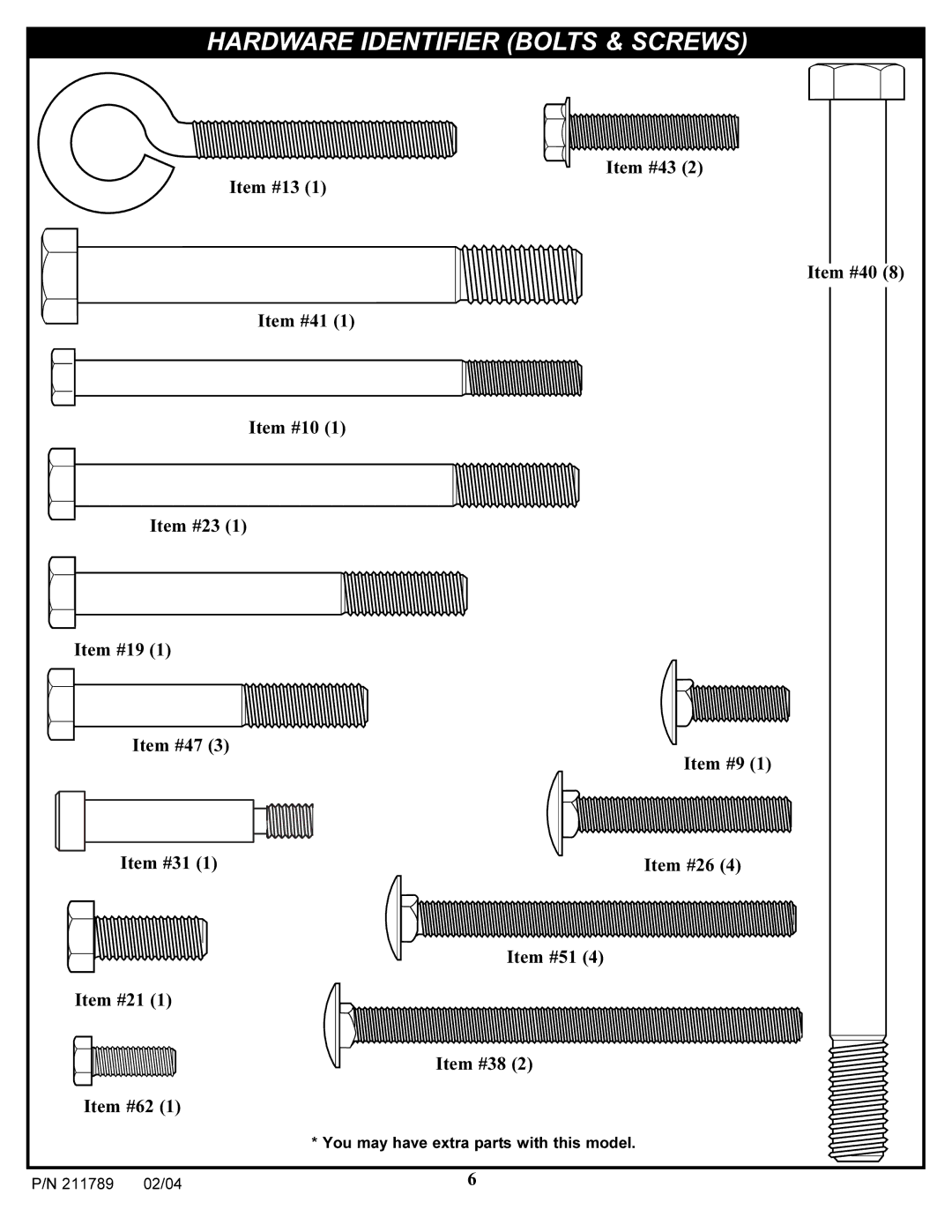 Spalding 211789 manual Hardware Identifier Bolts & Screws 