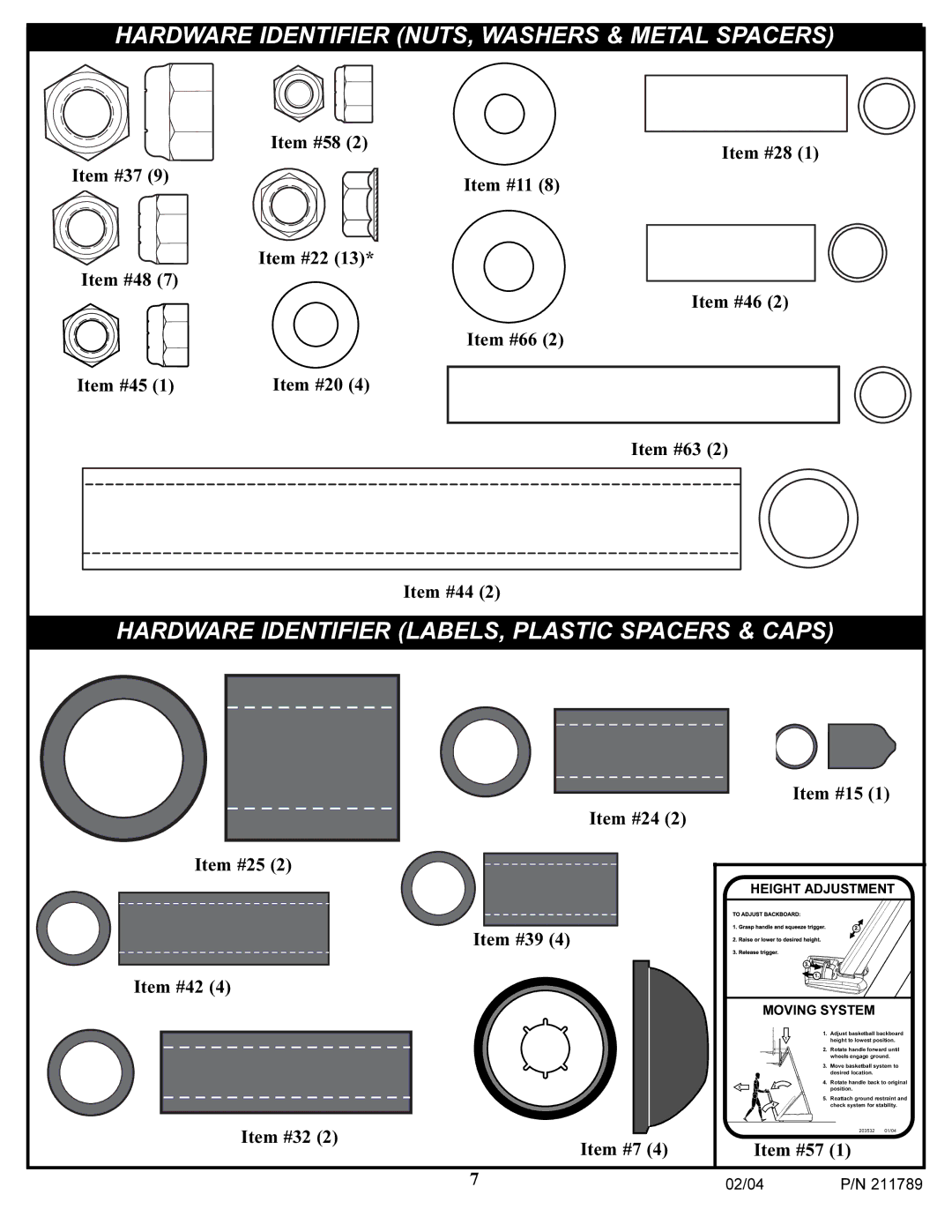 Spalding 211789 manual Hardware Identifier NUTS, Washers & Metal Spacers 