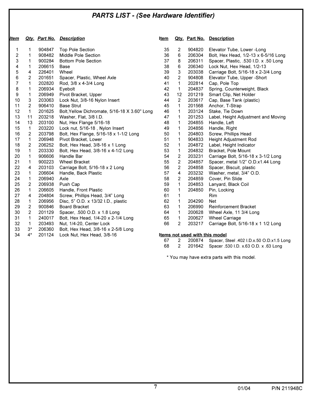 Spalding 211948C manual Parts List See Hardware Identifier 