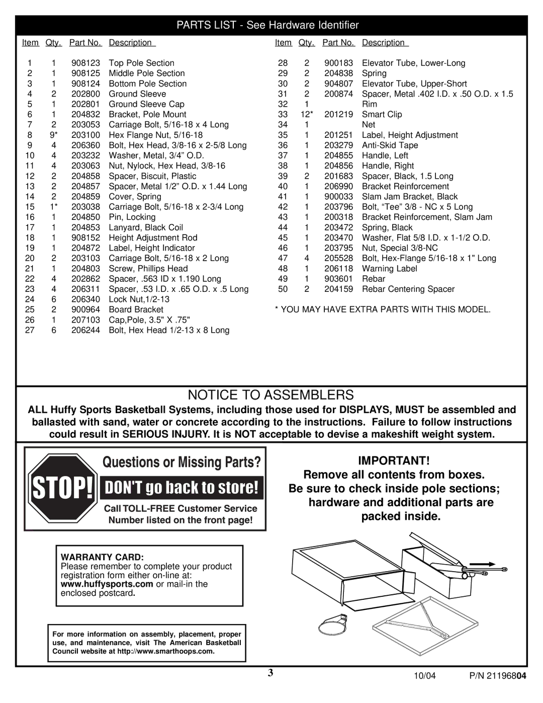 Spalding 21196804 manual Parts List See Hardware Identifier 