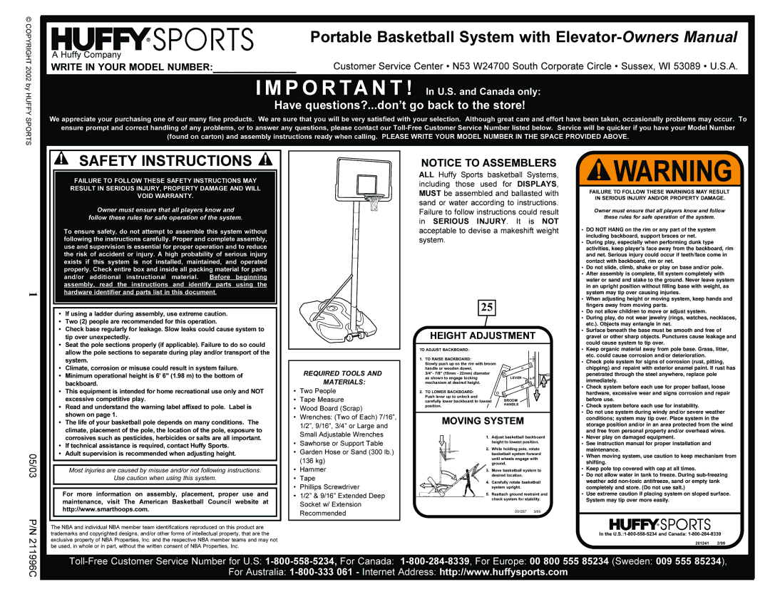 Spalding 211996C manual Safety Instructions 