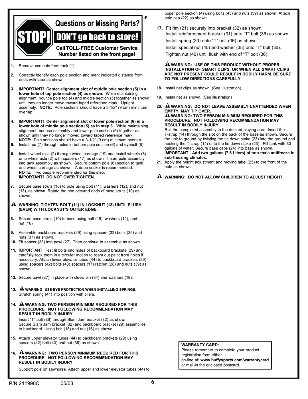 Spalding 211996C manual Warranty Card 