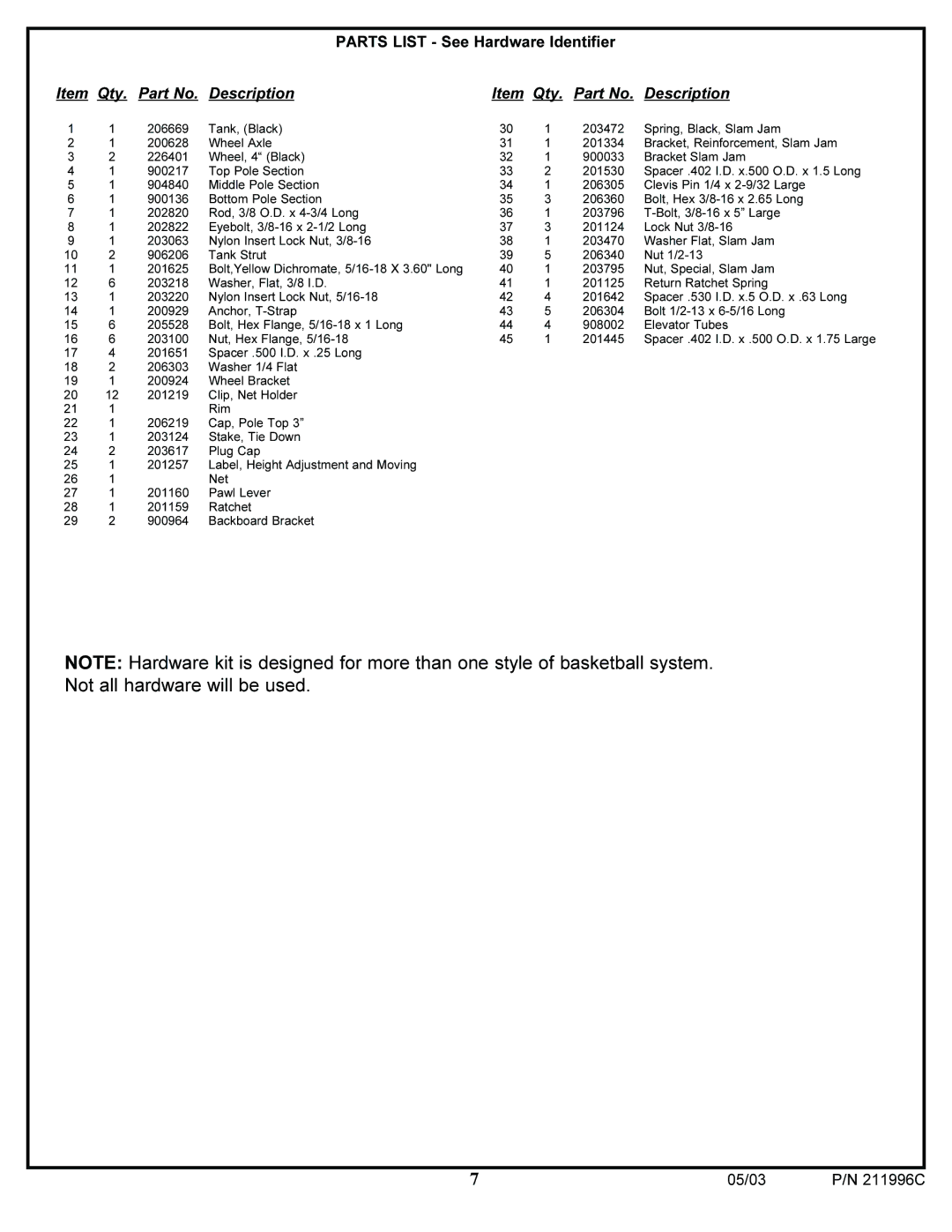 Spalding 211996C manual Parts List See Hardware Identifier Qty Description 