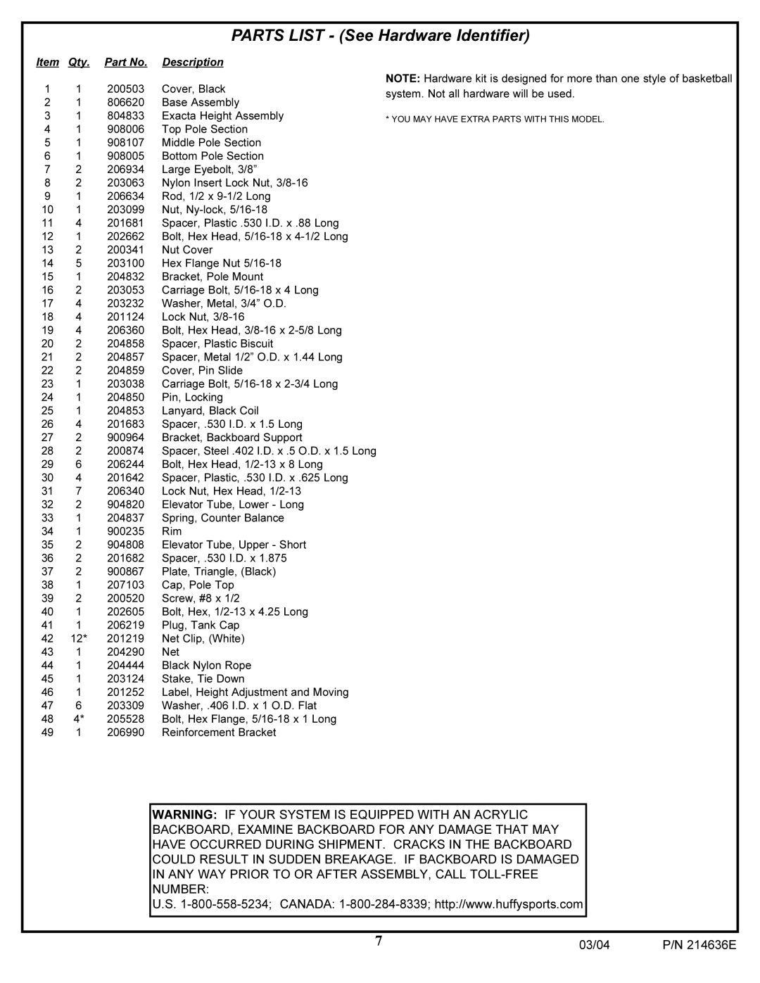 Spalding 214636E manual Parts List See Hardware Identifier 