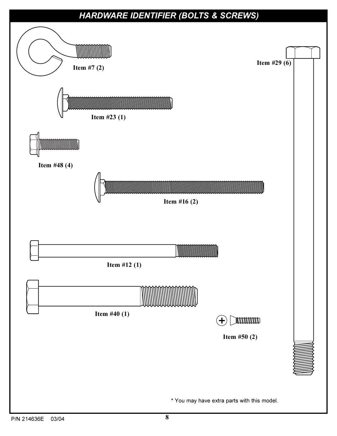 Spalding 214636E manual Hardware Identifier Bolts & Screws 