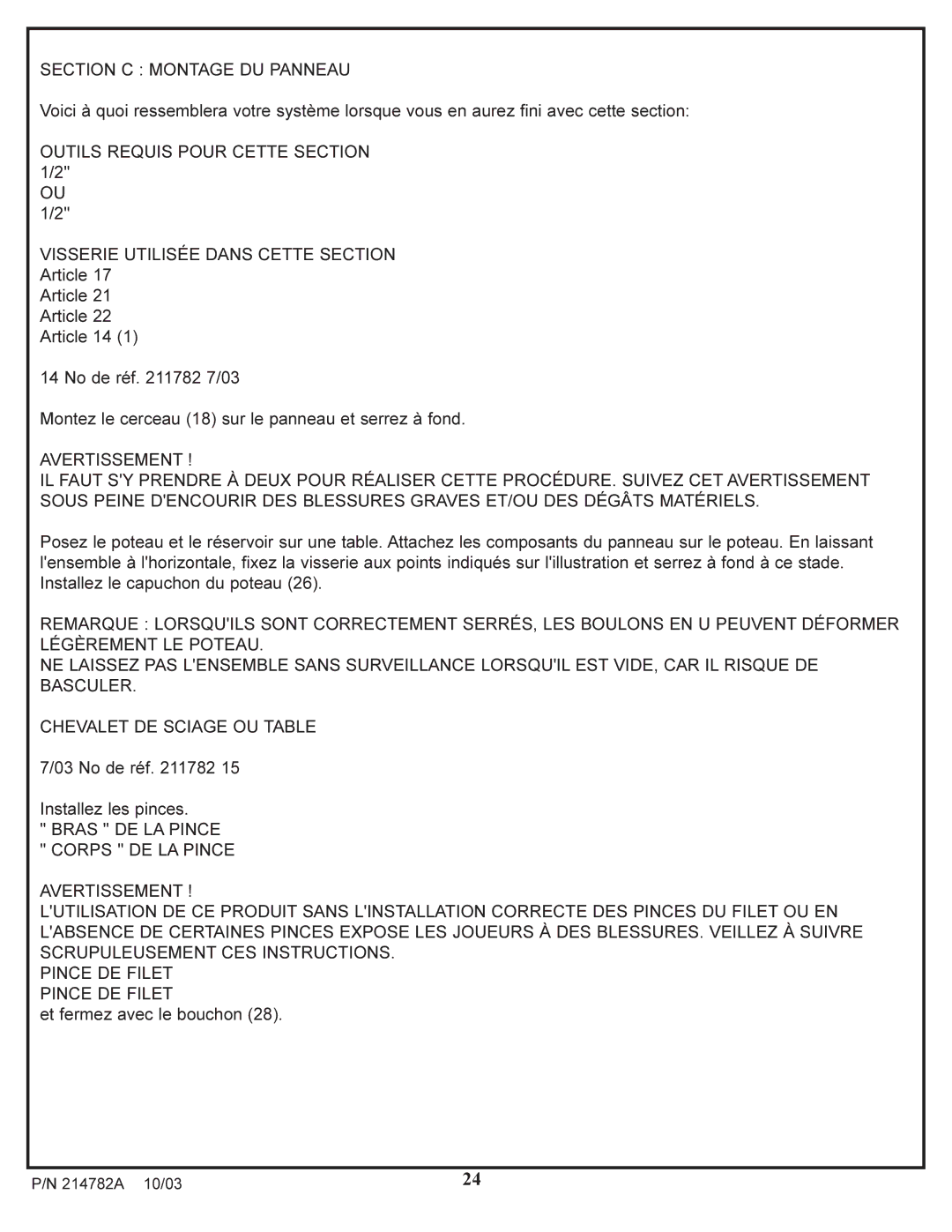 Spalding 214782A manual Section C Montage DU Panneau 