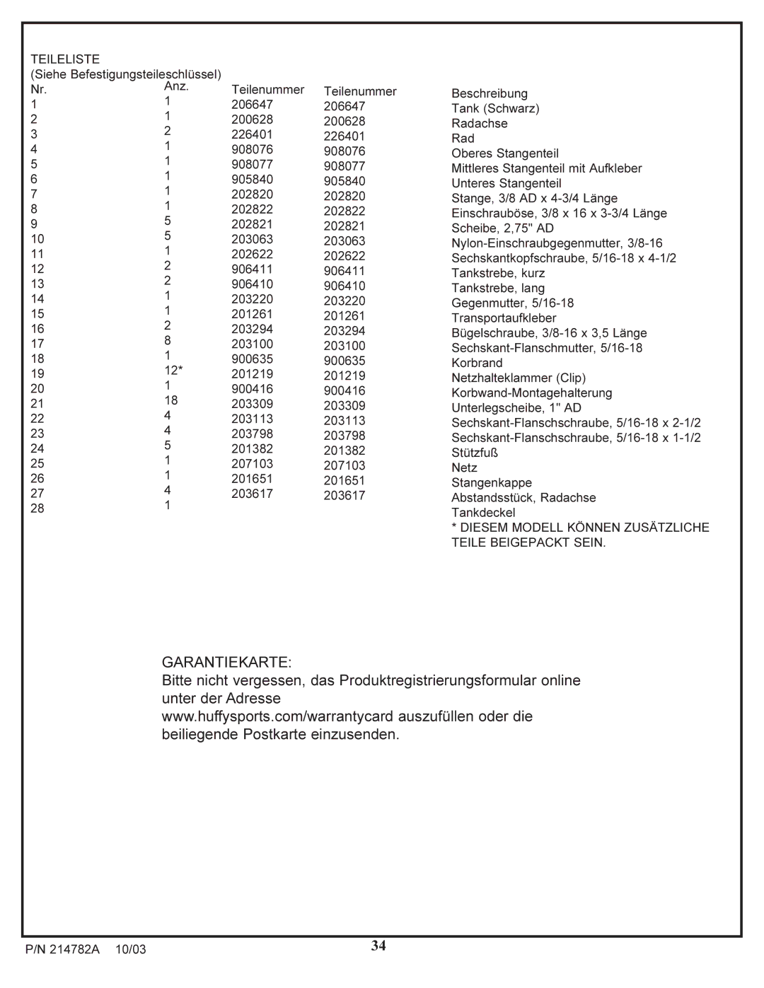 Spalding 214782A manual Teileliste, Diesem Modell Können Zusätzliche Teile Beigepackt Sein 