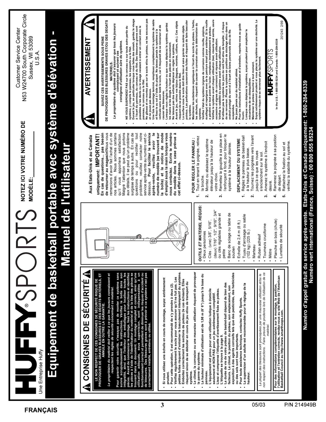 Spalding 214949B manual Consignes DE Sécurité 