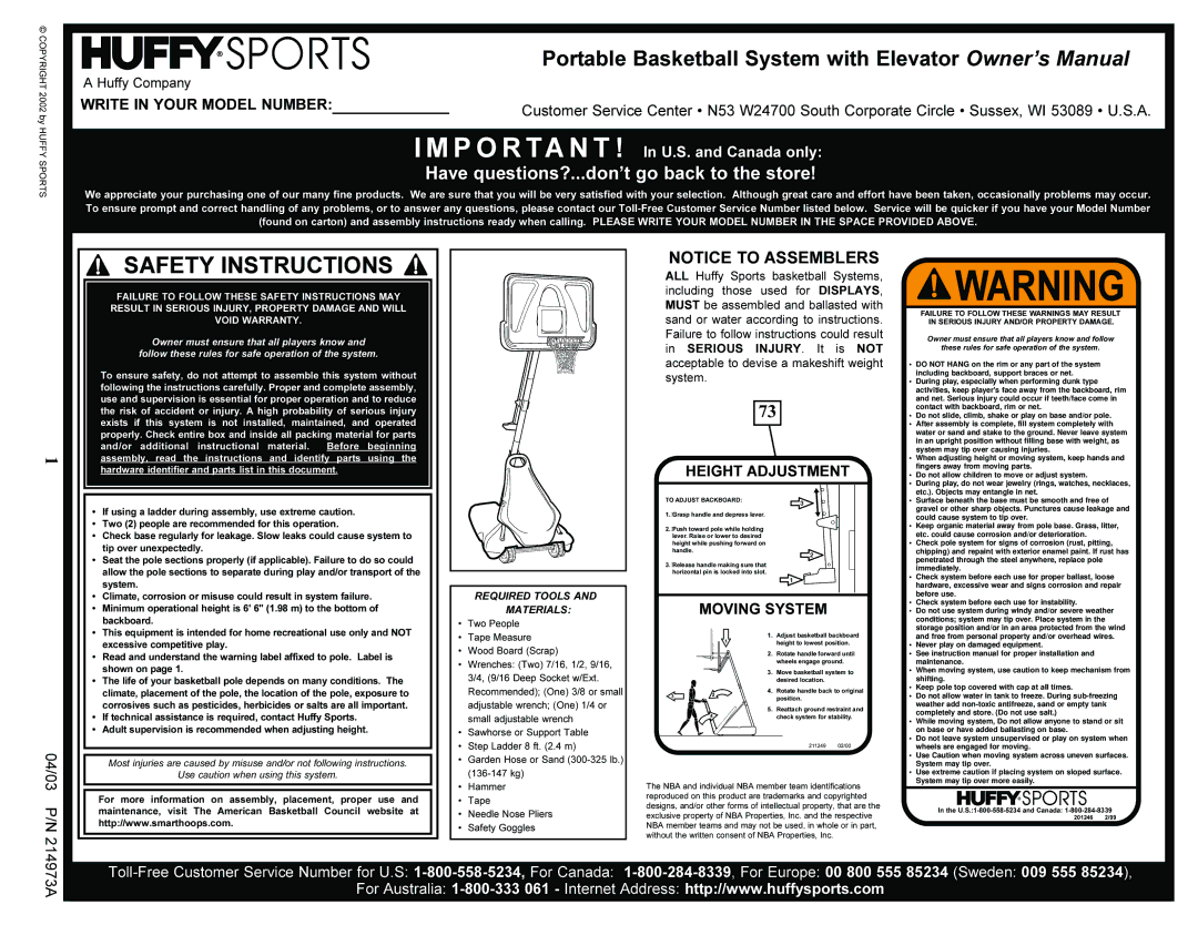 Spalding 214973A manual Safety Instructions 