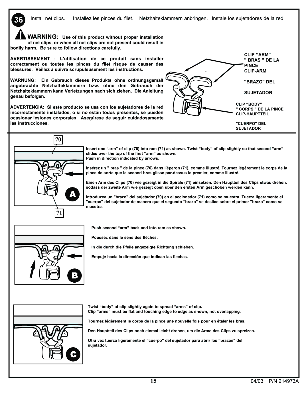 Spalding 214973A manual Clip ARM Bras DE LA Pince CLIP-ARM Brazo DEL Sujetador 