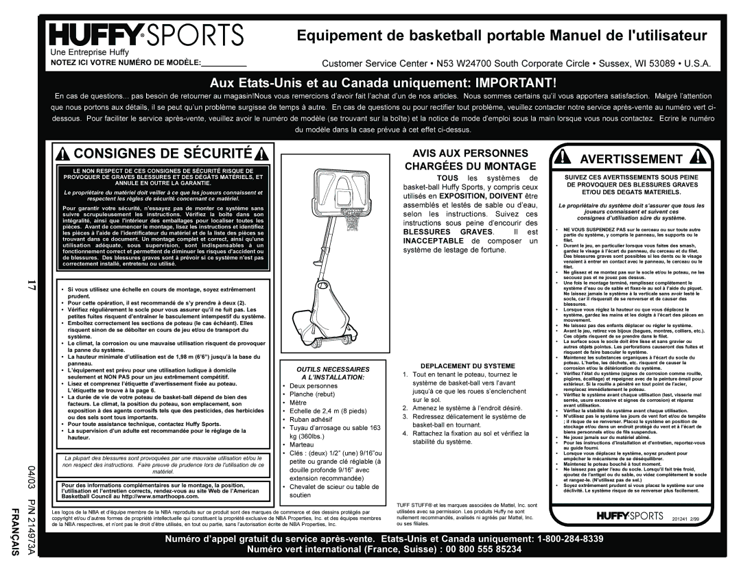 Spalding 214973A manual Equipement de basketball portable Manuel de lutilisateur 