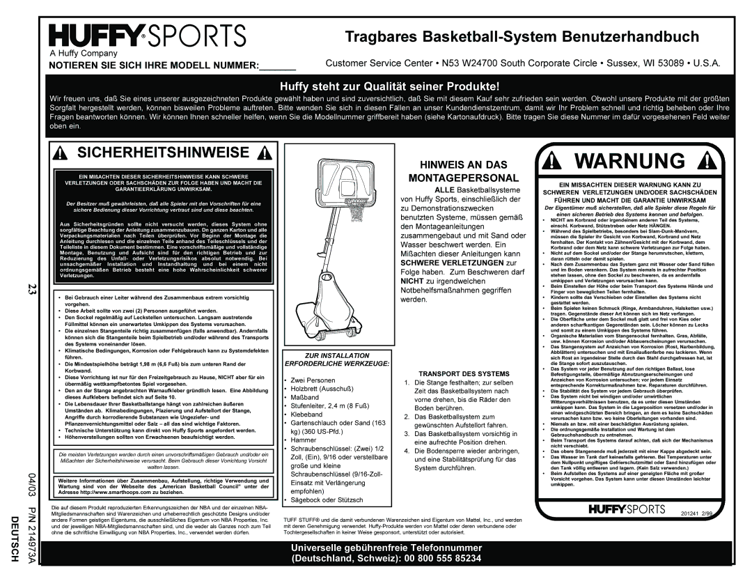 Spalding 214973A manual Warnung 