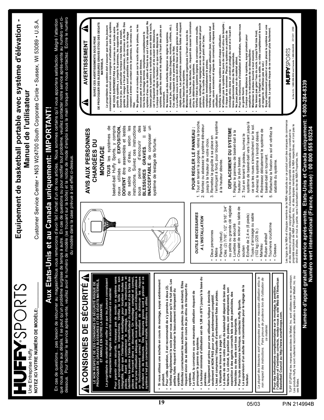 Spalding 214994B manual Pour Regler LE Panneau, Deplacement DU Systeme, ICI Votre Numéro Modèle 