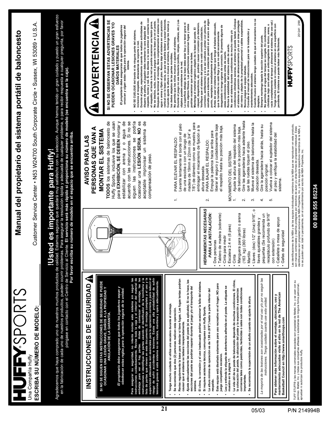 Spalding 214994B manual Advertencia 