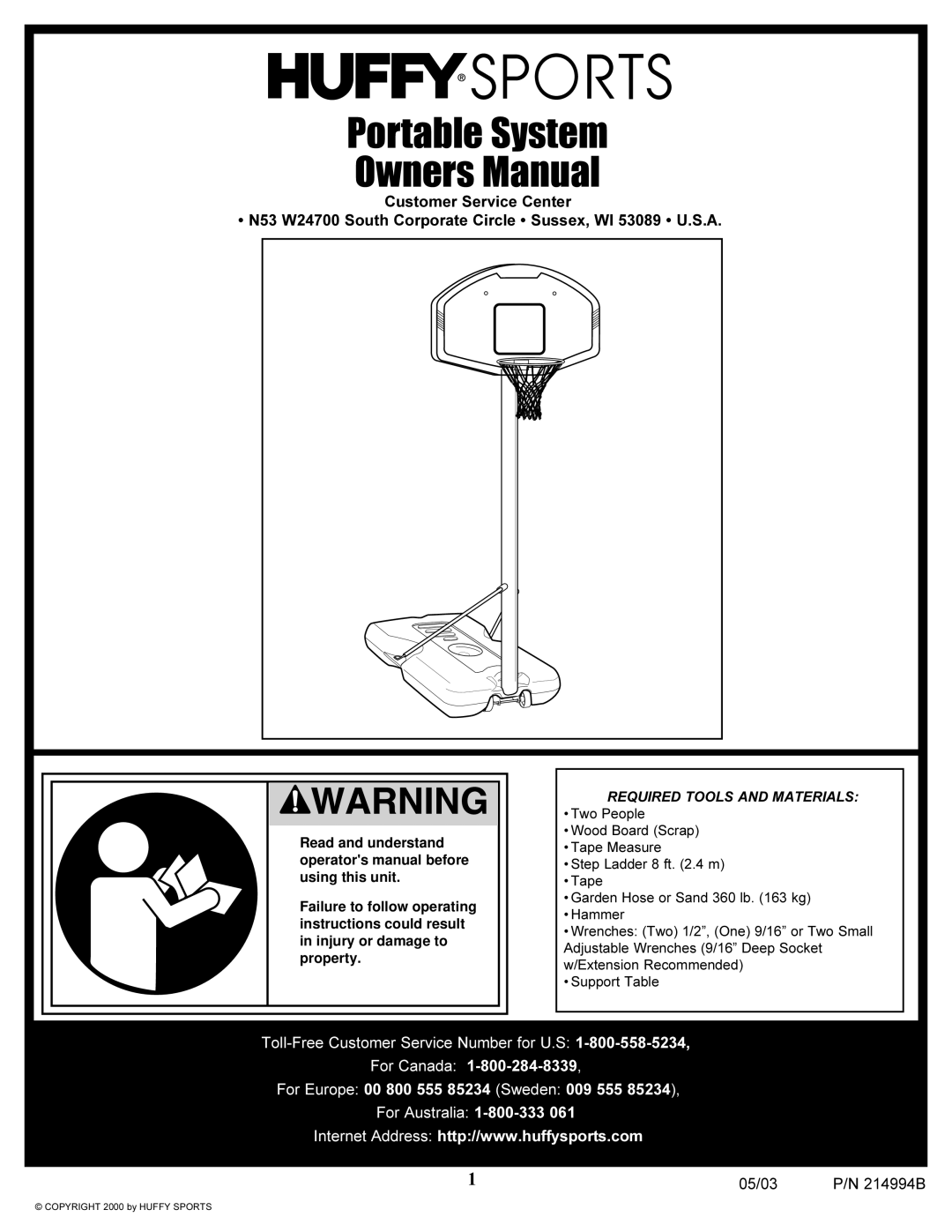 Spalding manual Portable System Owners Manual, Customer Service Center, 05/03, P/N 214994B 