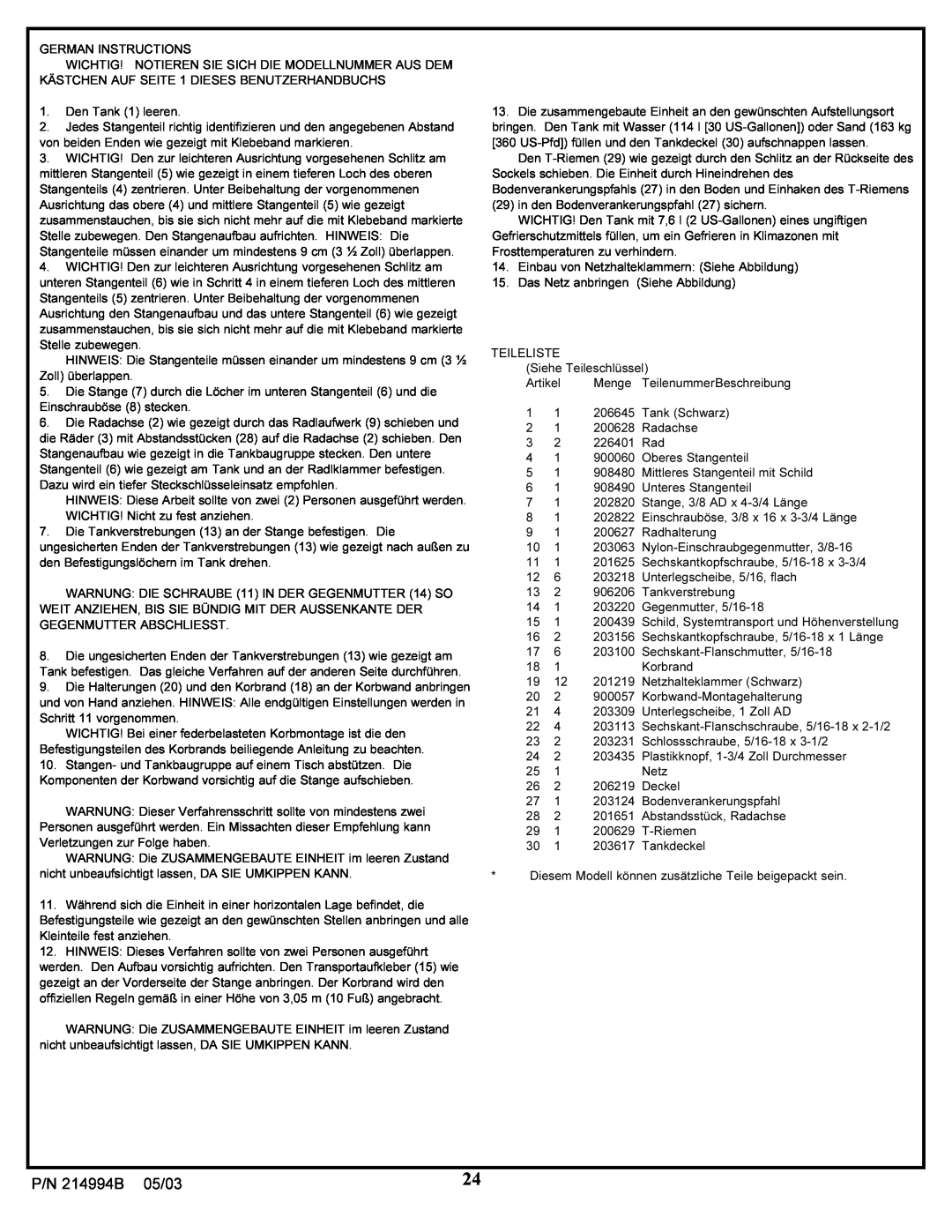 Spalding manual P/N 214994B 05/03, Netzhalteklammer Schwarz, Abstandsstück, Radachse 
