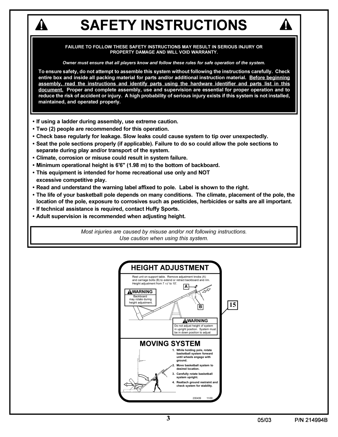 Spalding 214994B manual Safety Instructions, Height Adjustment, Moving System 