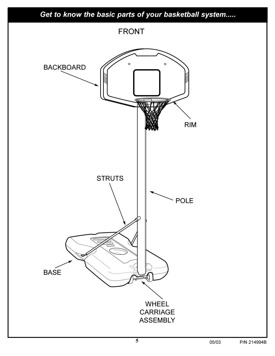 Spalding 214994B manual Front, Get to know the basic parts of your basketball system 