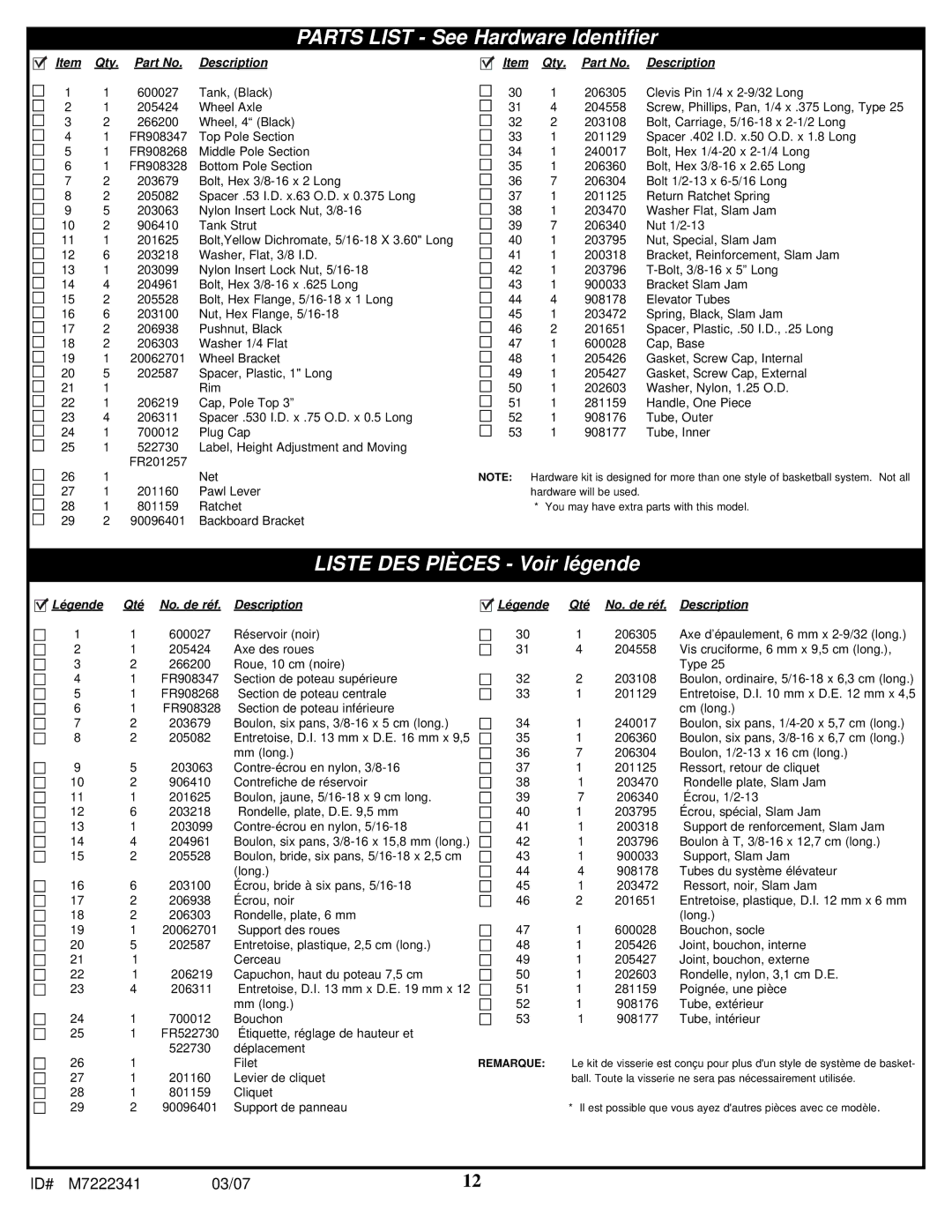 Spalding 42LB5D manual Parts List See Hardware Identifier 