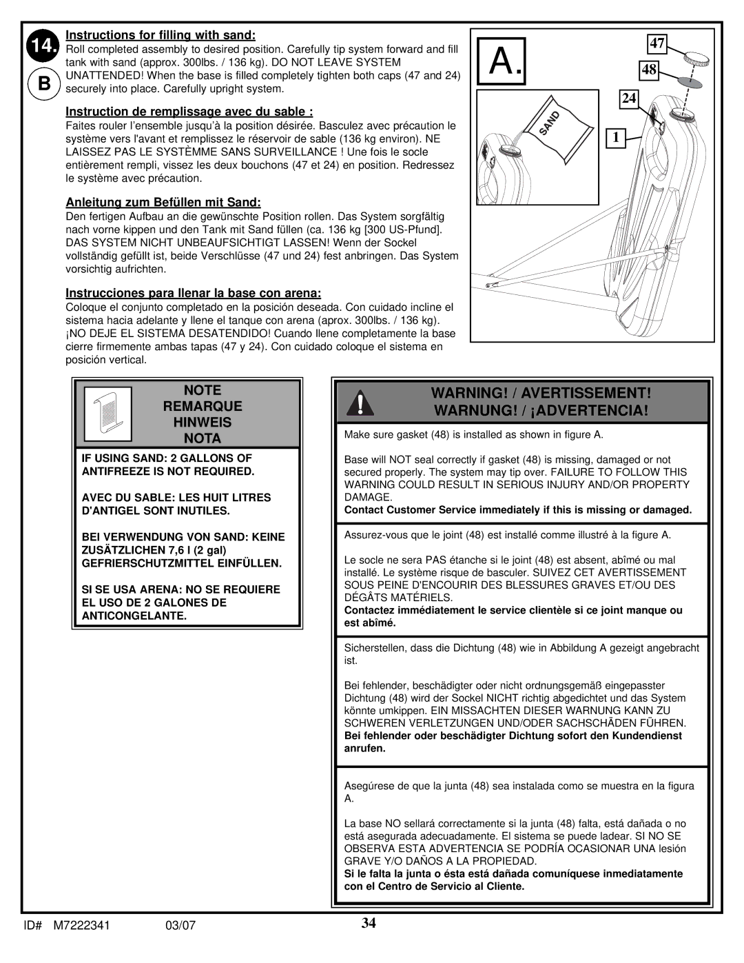 Spalding 42LB5D manual Instructions for filling with sand 