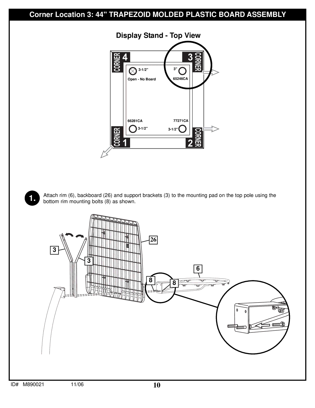 Spalding 89226CA manual Corner Location 3 44 Trapezoid Molded Plastic Board Assembly 