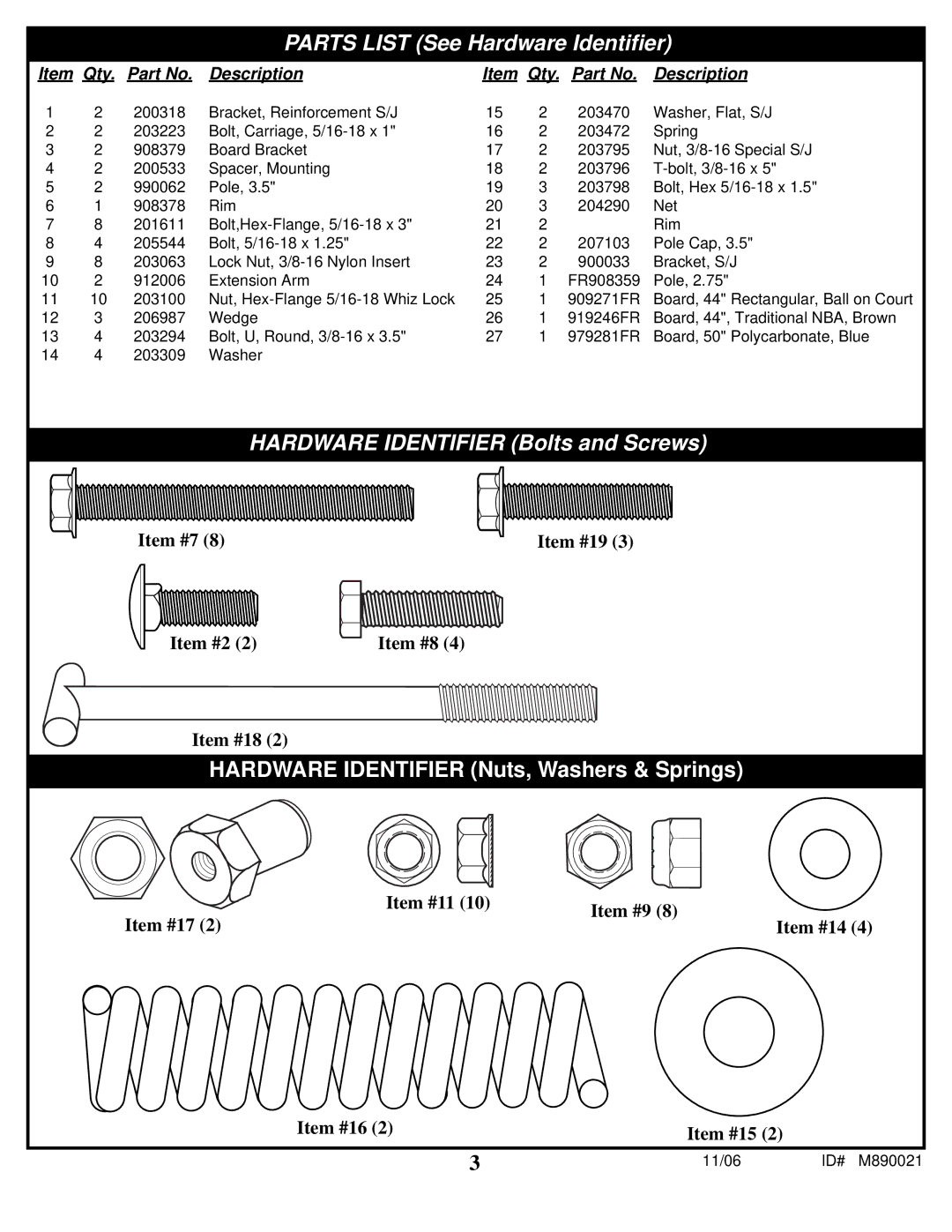 Spalding 89226CA manual Hardware Identifier Nuts, Washers & Springs, Parts List See Hardware Identifier 