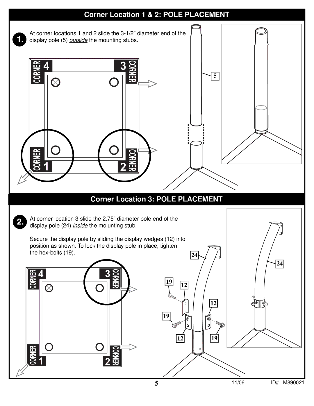 Spalding 89226CA manual Corner Location 1 & 2 Pole Placement, Corner Location 3 Pole Placement 