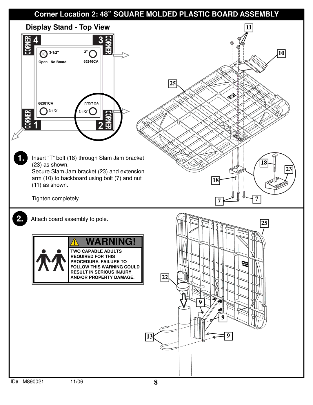 Spalding 89226CA manual Corner Location 2 48 Square Molded Plastic Board Assembly 