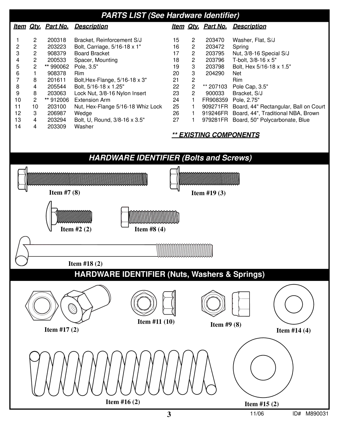 Spalding 89231CA manual Hardware Identifier Nuts, Washers & Springs, Parts List See Hardware Identifier 