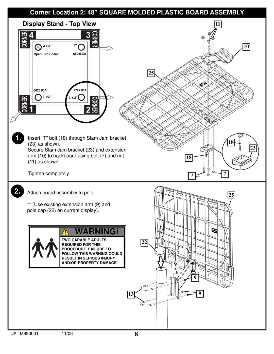 Spalding 89231CA manual Corner Location 2 48 Square Molded Plastic Board Assembly 