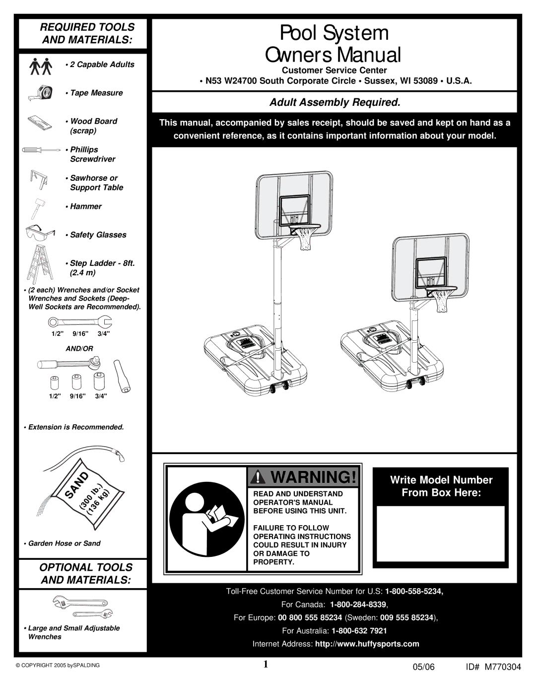 Spalding LMV2053 manual Pool System 