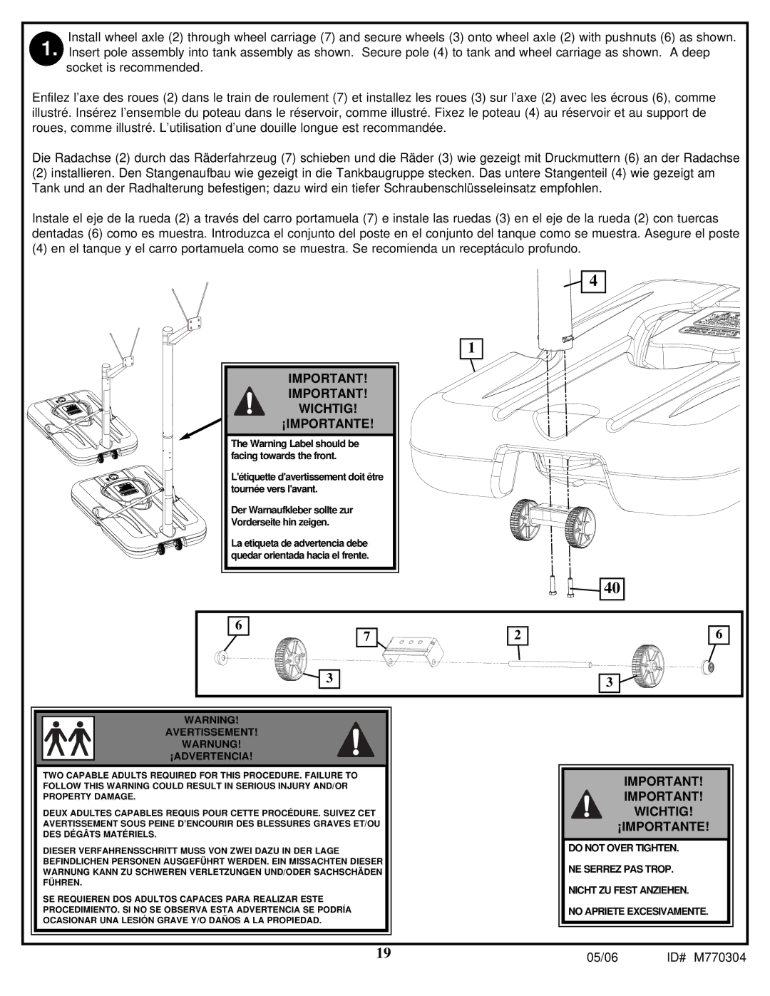 Spalding LMV2053 manual Wichtig ¡IMPORTANTE 