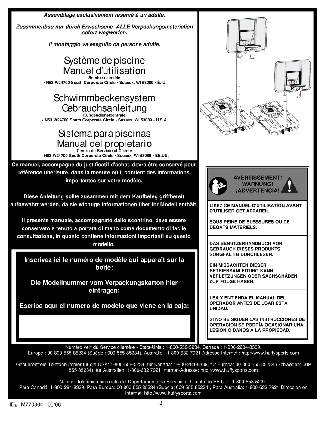 Spalding LMV2053 manual Système de piscine Manuel d’utilisation 