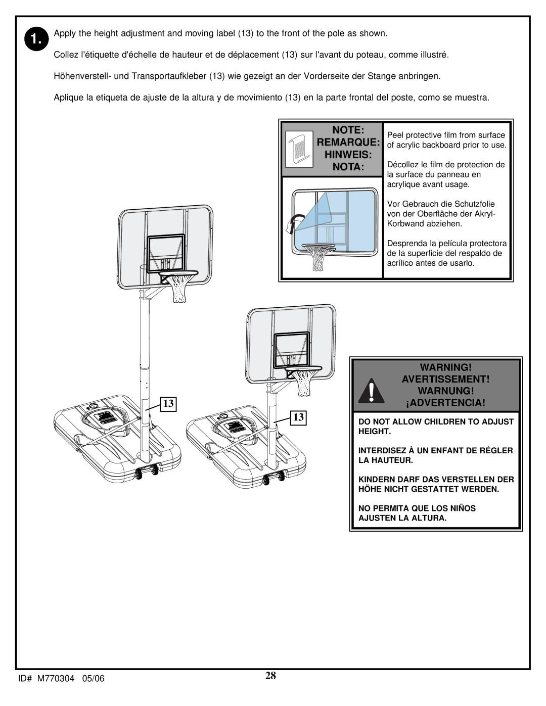 Spalding LMV2053 manual Avertissement Warnung ¡ADVERTENCIA 