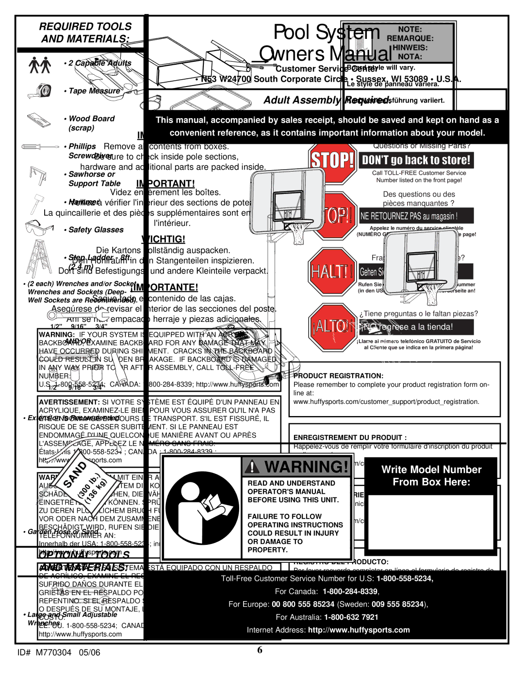 Spalding LMV2053 manual Wichtig, ¡Importante 