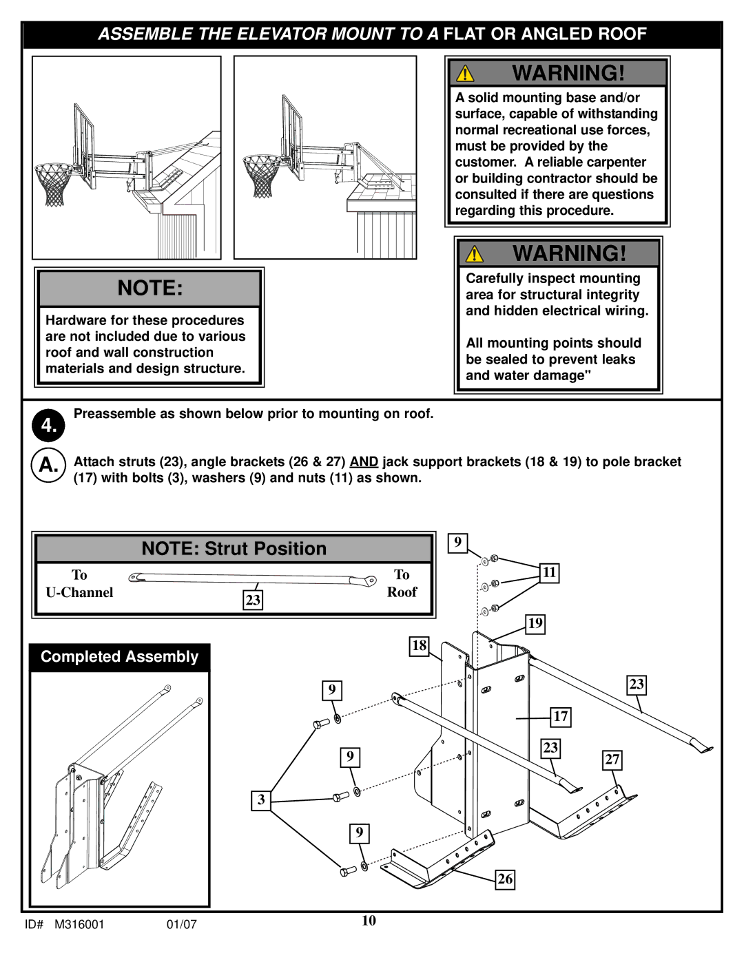 Spalding M316001 manual Assemble the Elevator Mount to a Flat or Angled Roof 