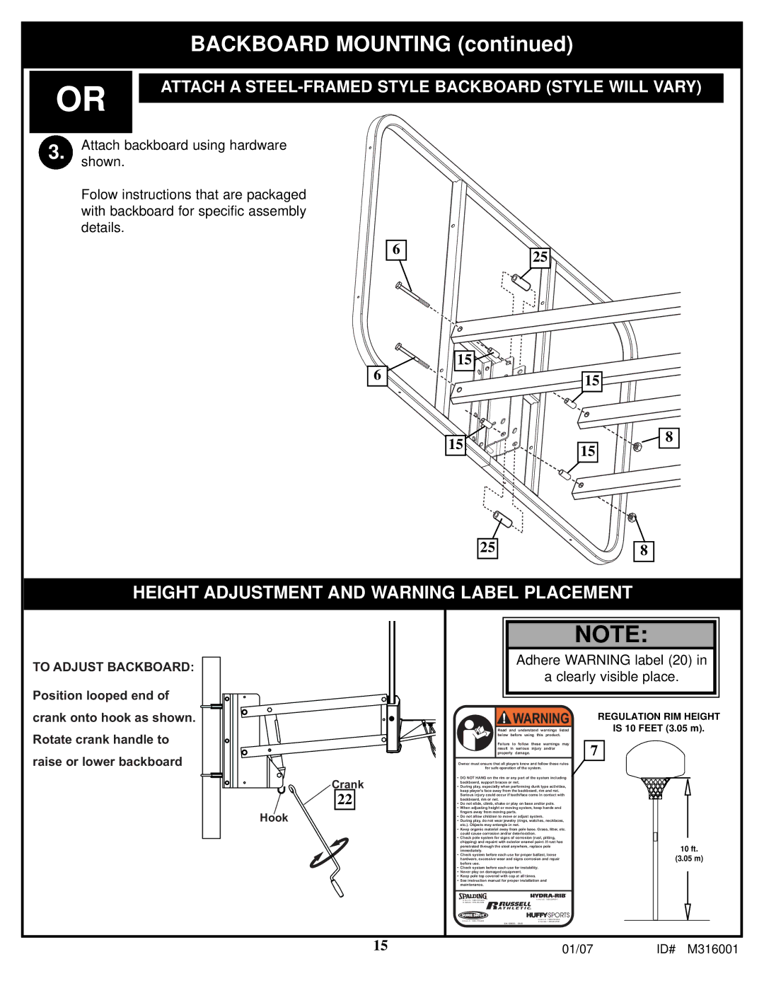 Spalding M316001 manual Backboard Mounting, Height Adjustment and Warning Label Placement 