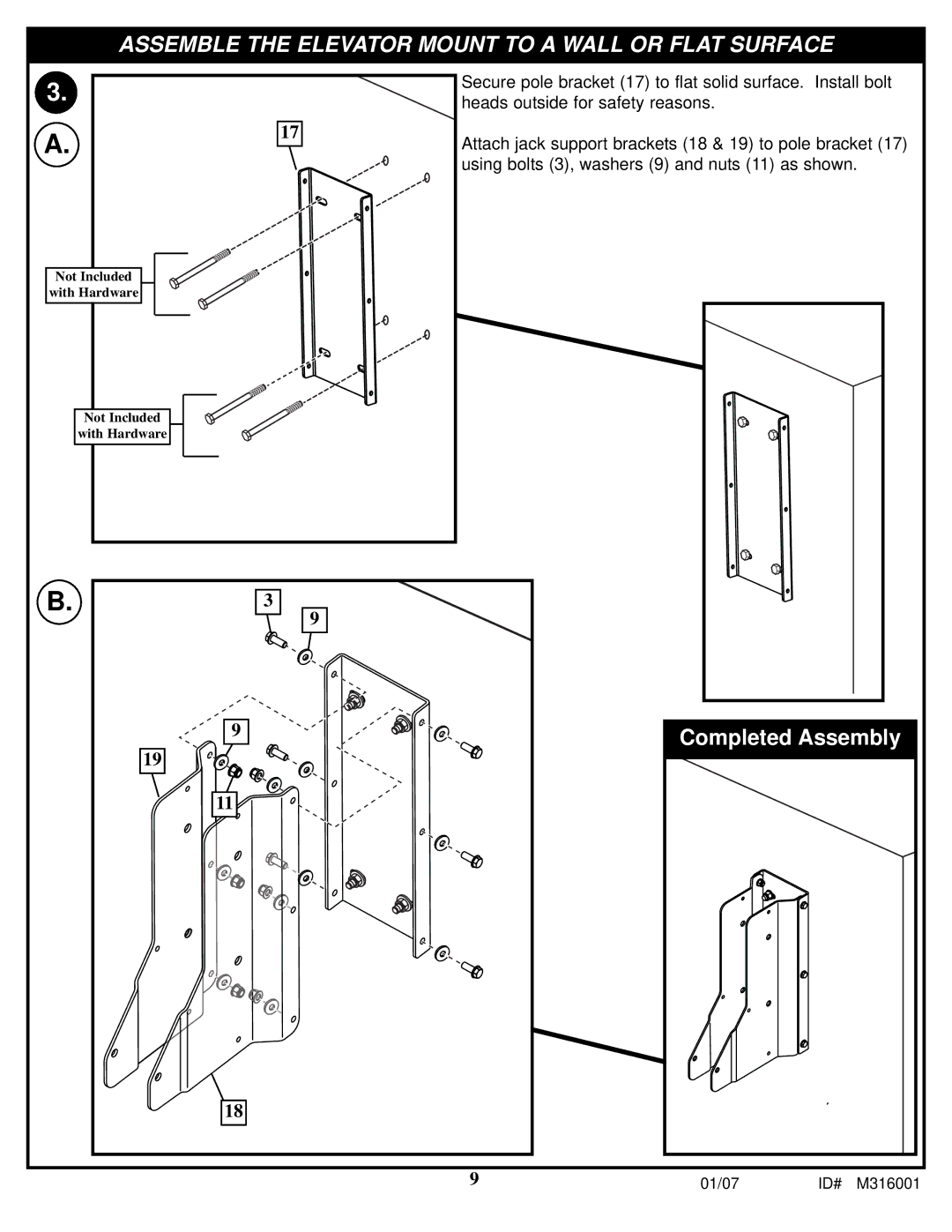 Spalding M316001 manual Assemble the Elevator Mount to a Wall or Flat Surface 