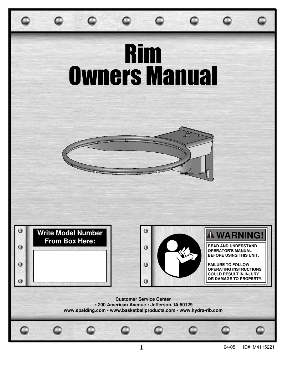 Spalding M4115221 manual Rim, Write Model Number From Box Here 