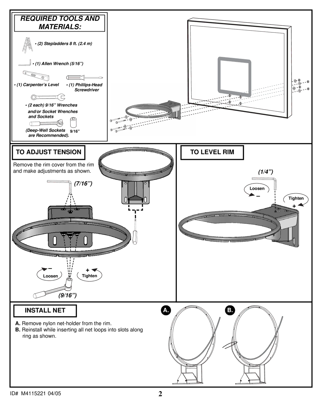 Spalding M4115221 manual Required Tools, Materials, To Adjust Tension, To Level RIM, Install NET 