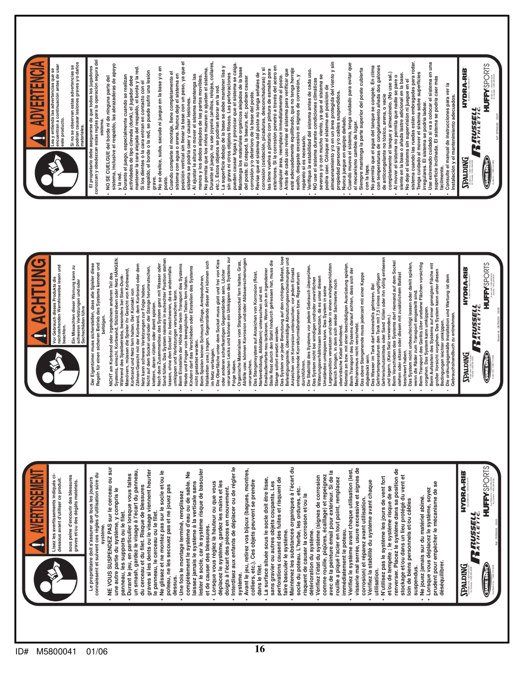 Spalding M5800041 manual Achtung 