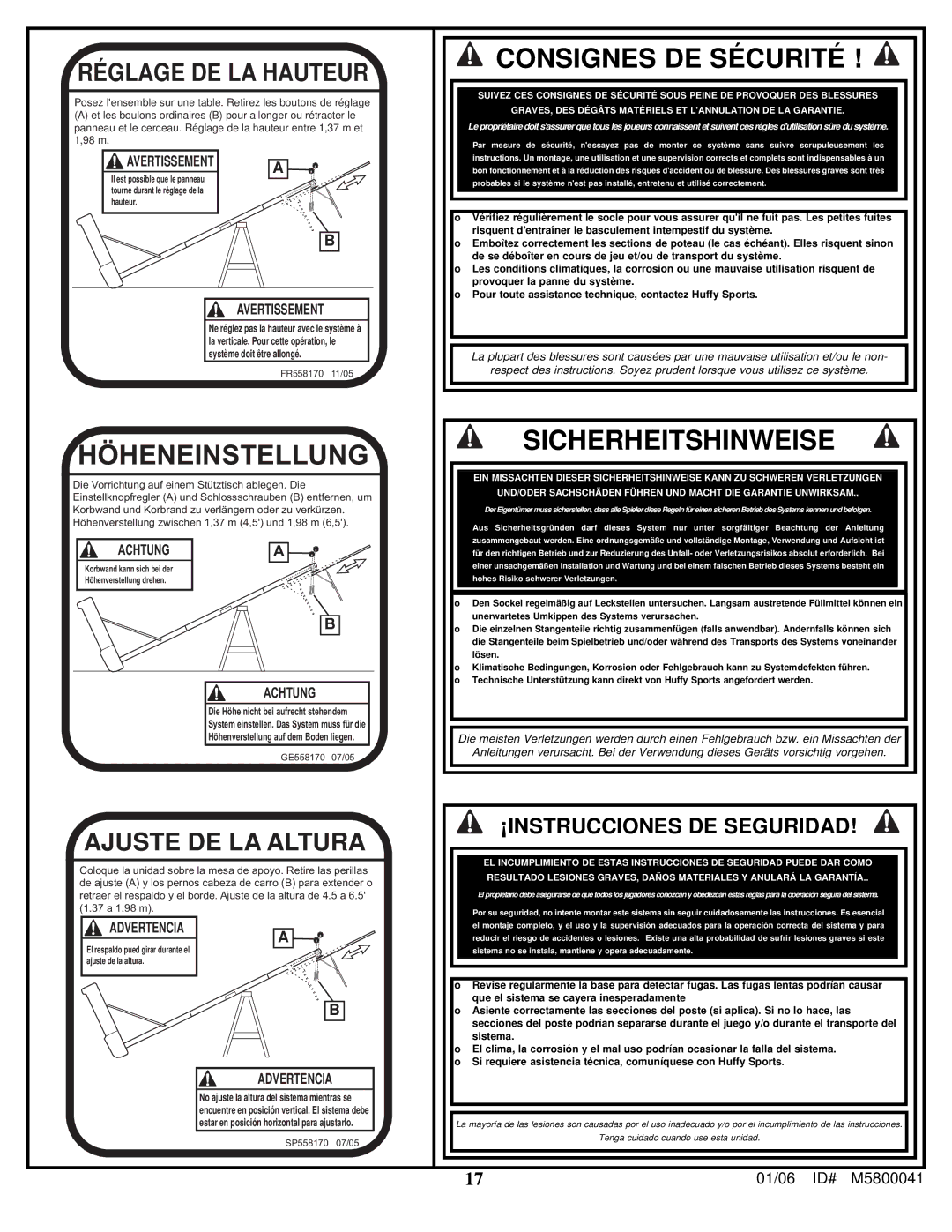 Spalding M5800041 manual Consignes DE Sécurité 