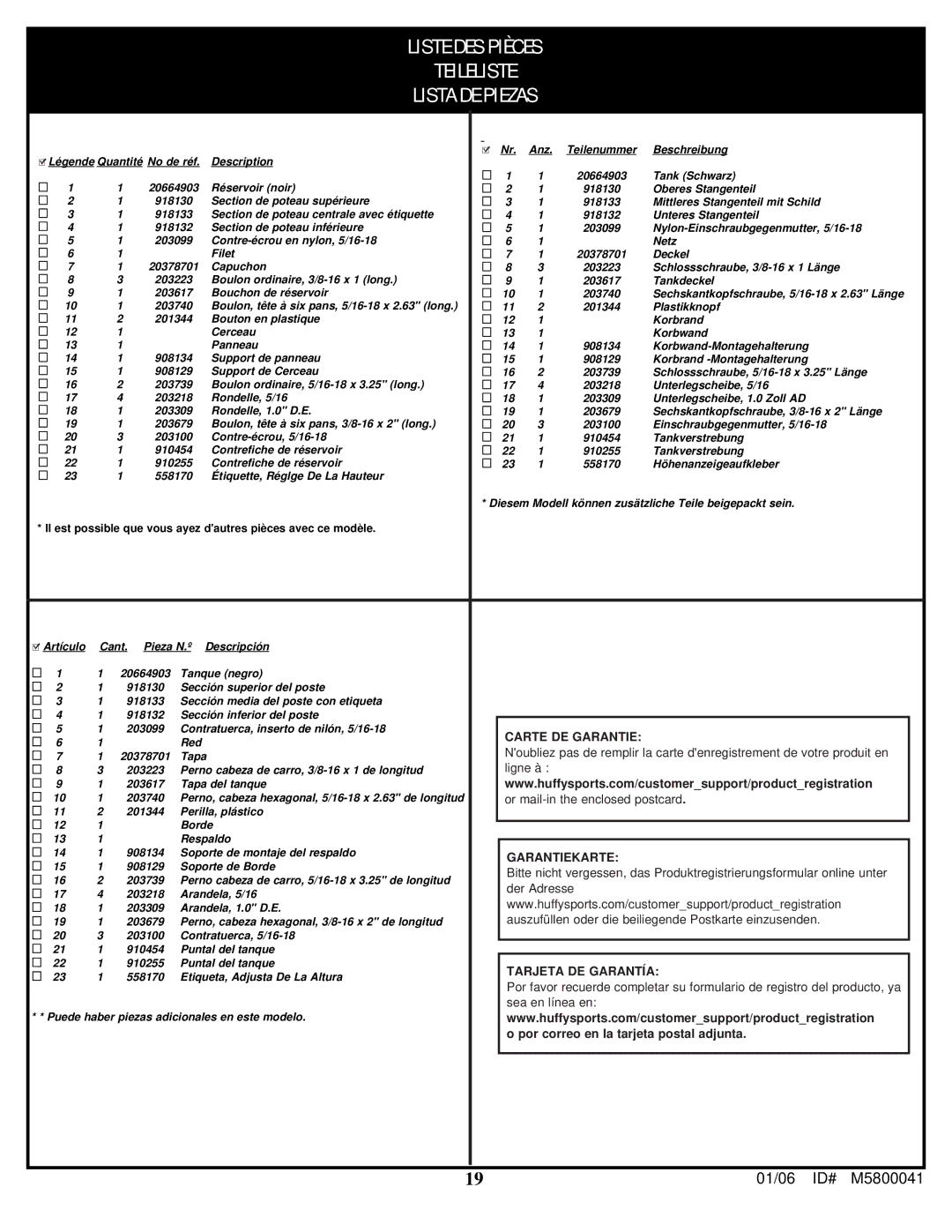 Spalding M5800041 manual Liste DES Pièces Teileliste Lista DE Piezas 