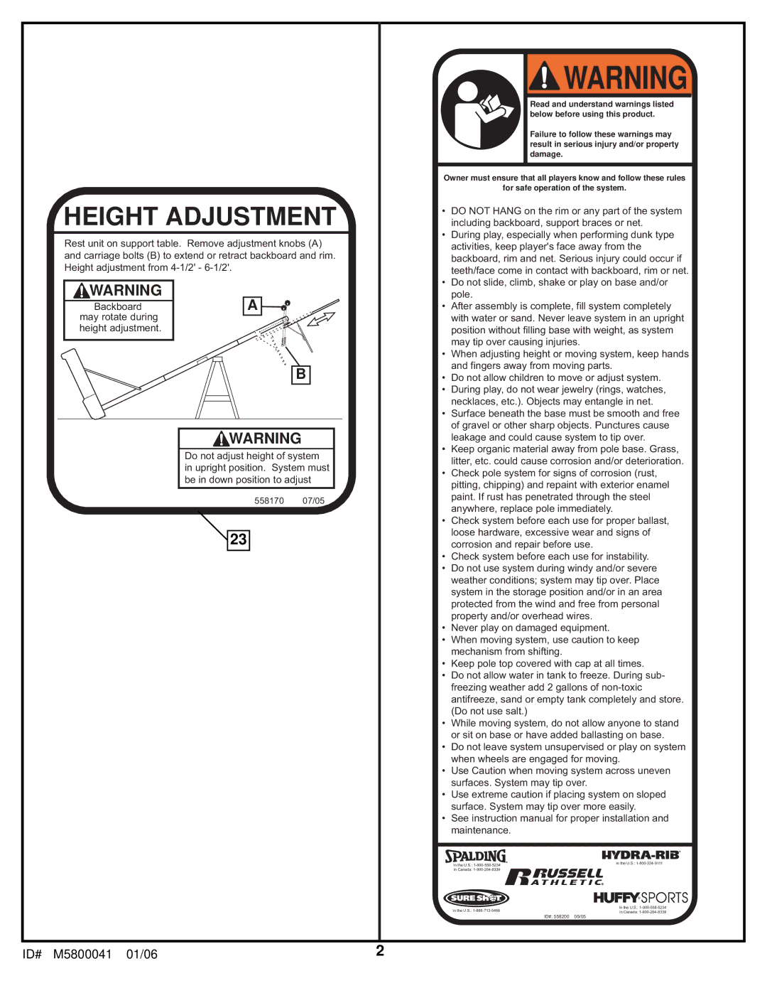 Spalding M5800041 manual Height Adjustment 