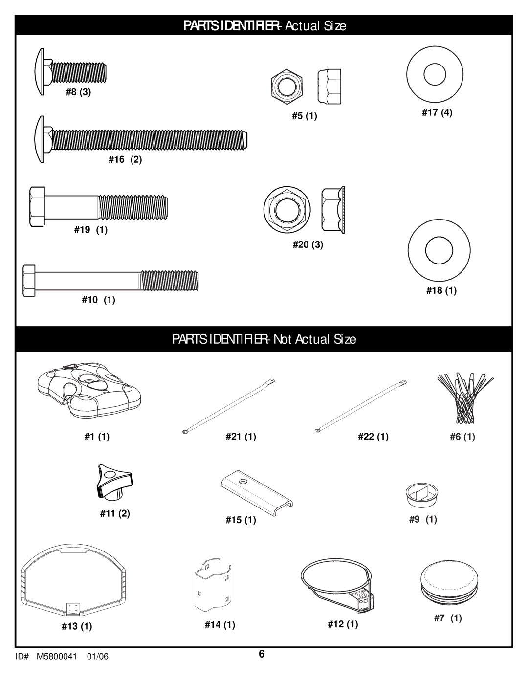 Spalding M5800041 manual Parts IDENTIFIER- Actual Size 